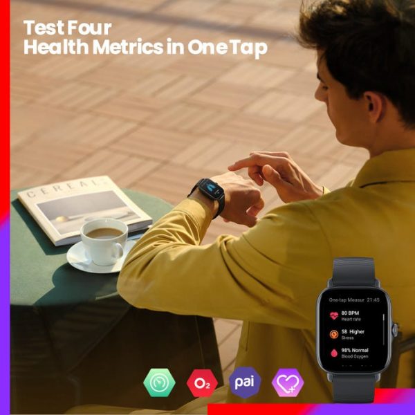 This is the Amazfit GTS 3. The Amazfit GTS 3 has an Ultra HD AMOLED display, making it easy to keep track of your health around the clock. It has 150+ sport modes, a powerful Zepp OS, Alexa built in, and a navigation crown with a 12-day battery life.